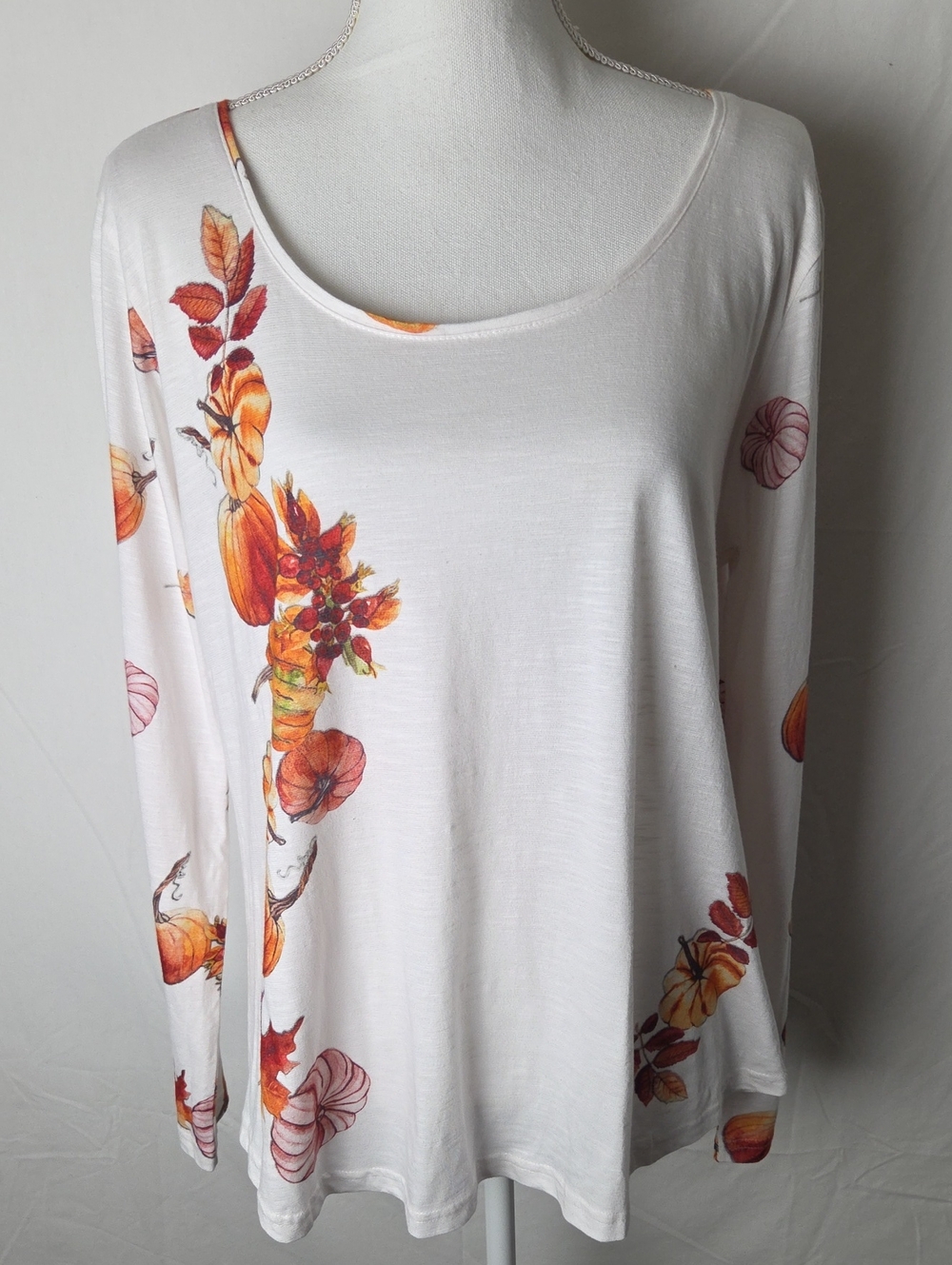 NWT New Direction Long Sleeve White Floral Pumpkin Print Women's Top Sz XL Fall